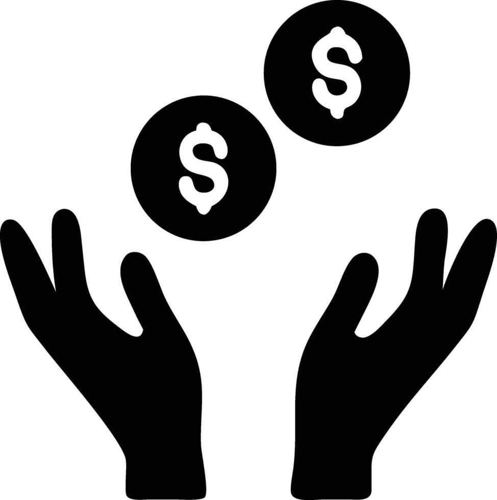 Two open hands below offer two dollar coins icon graphic vector