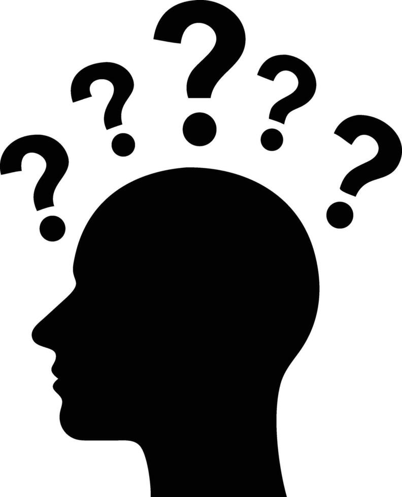 Silhouette human head overwhelmed with question marks floats above the head looking thoughtful vector
