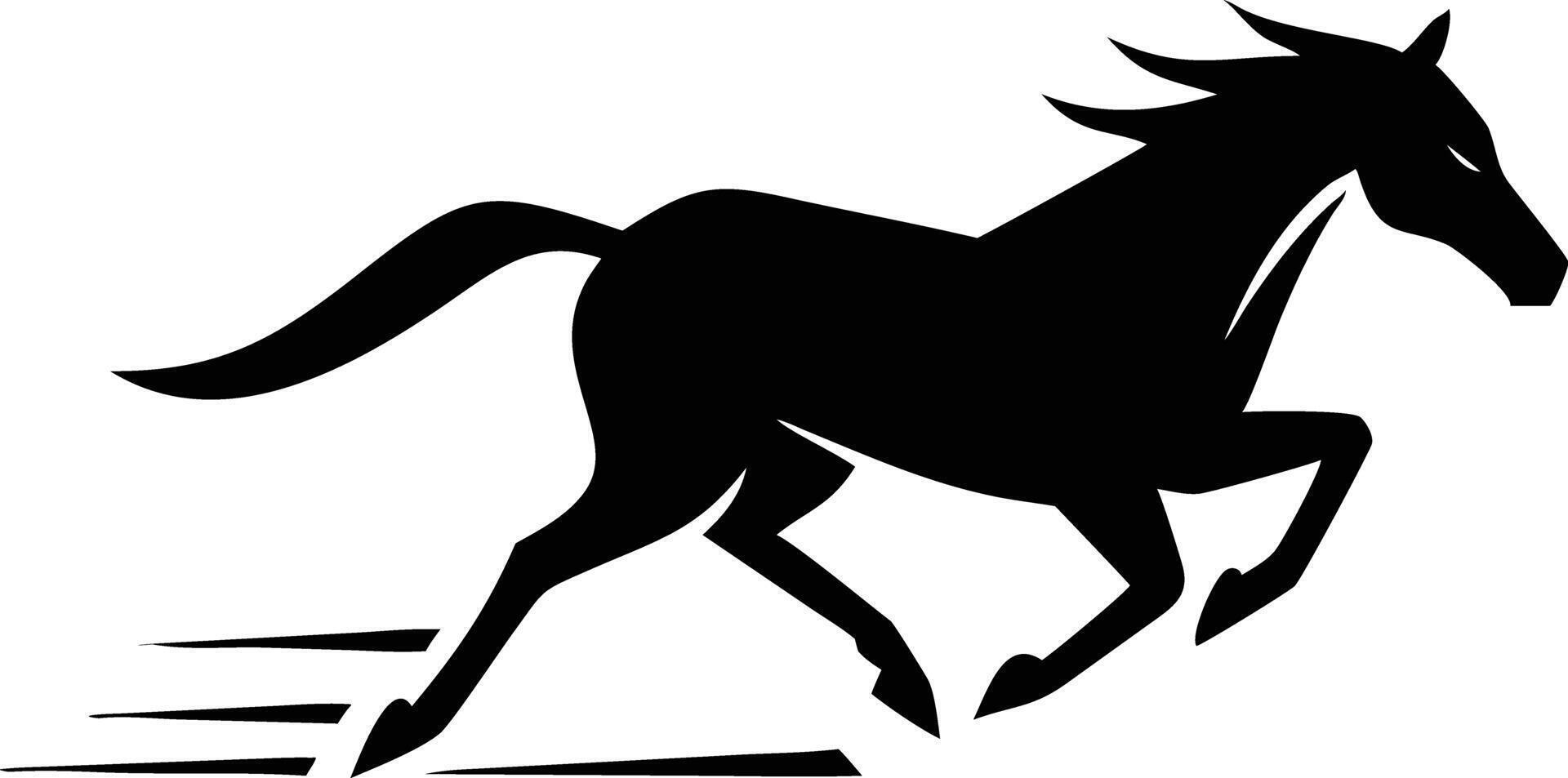 Horse gallops powerfully forward in bold black silhouette, showcasing speed and majestic motion vector