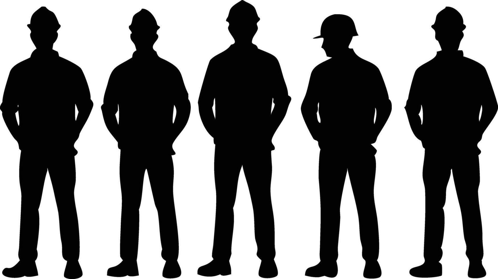 Five construction worker silhouettes stand tall with hands casually placed in their pockets vector