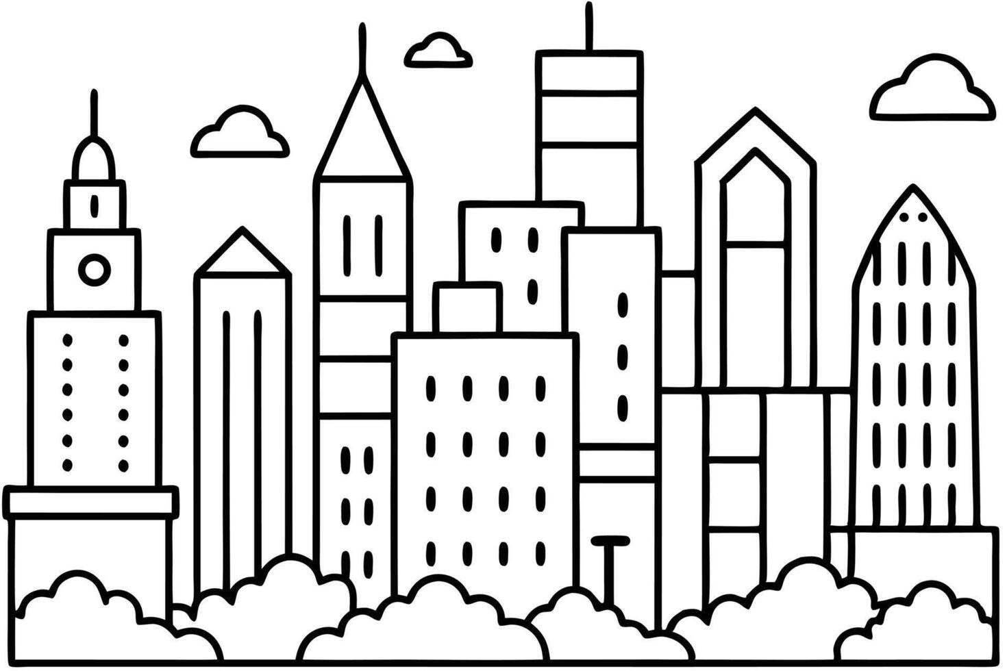 Simple black and white line art depicts a modern city skyline with clouds above vector