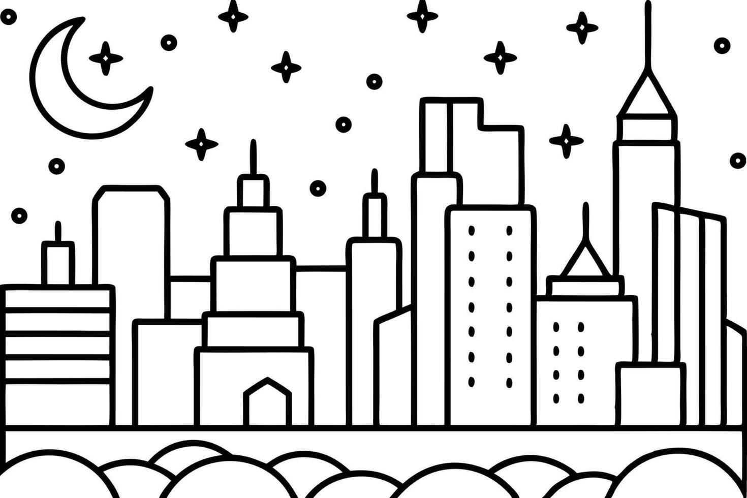 Line art shows skyline with crescent moon and stars above the buildings vector