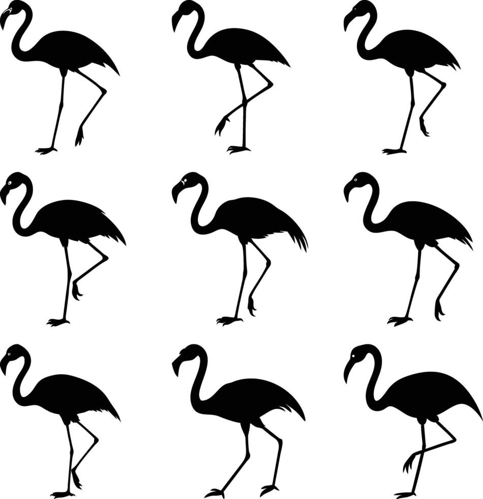 Nine flamingo silhouettes standing gracefully create a pattern against a white background in this image vector