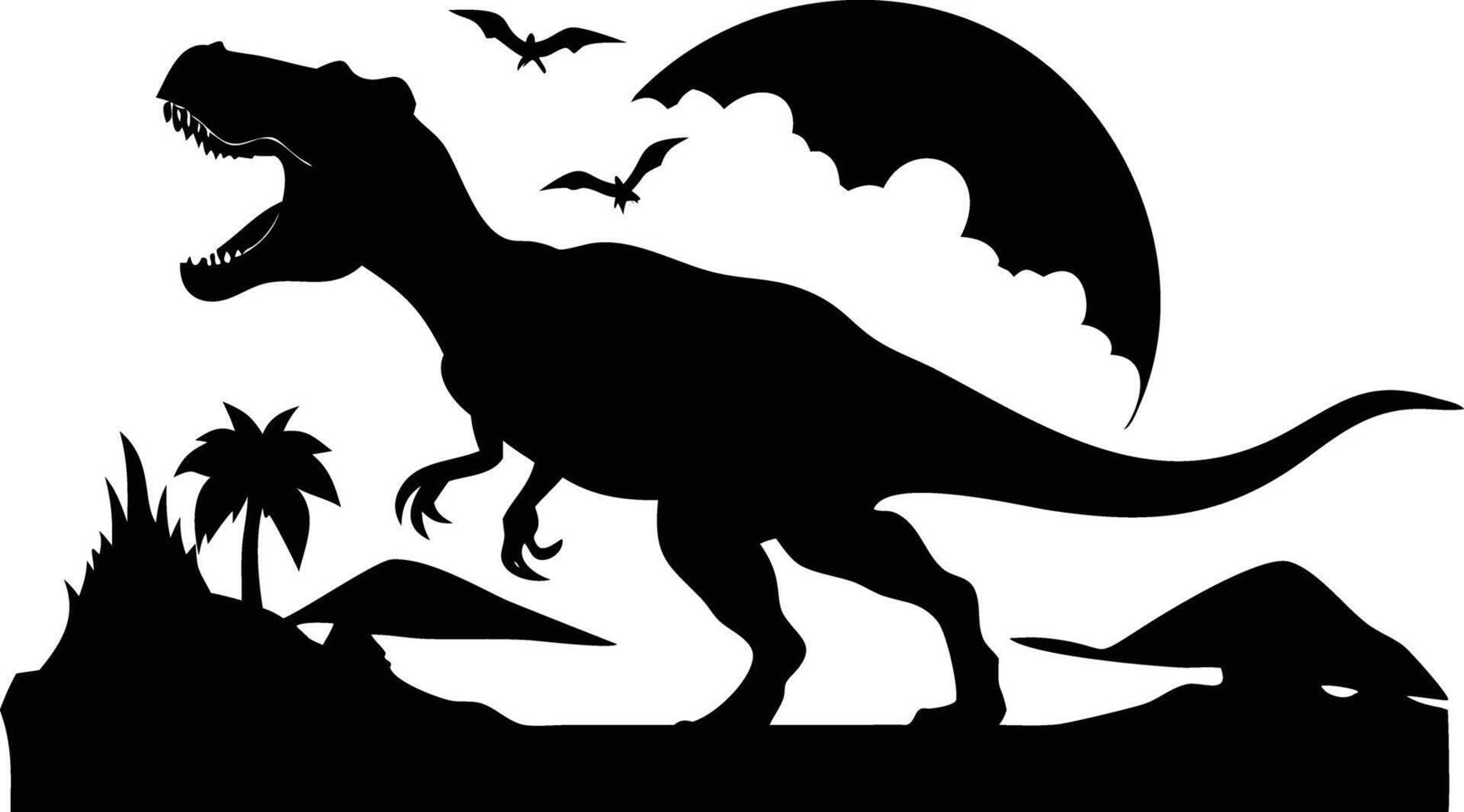 The silhouette of a tyrannosaurus rex roams a prehistoric landscape under two bats vector
