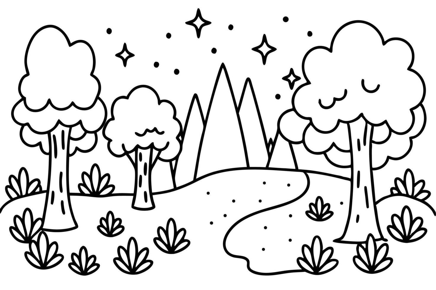 Stars shine over the whimsical landscape with trees and mountains outlined in black vector