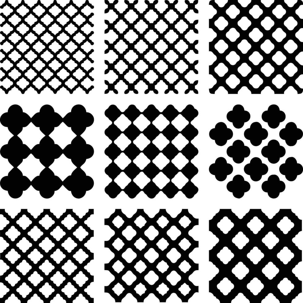Various geometric lattice patterns in black and white showcase unique variations and textures vector