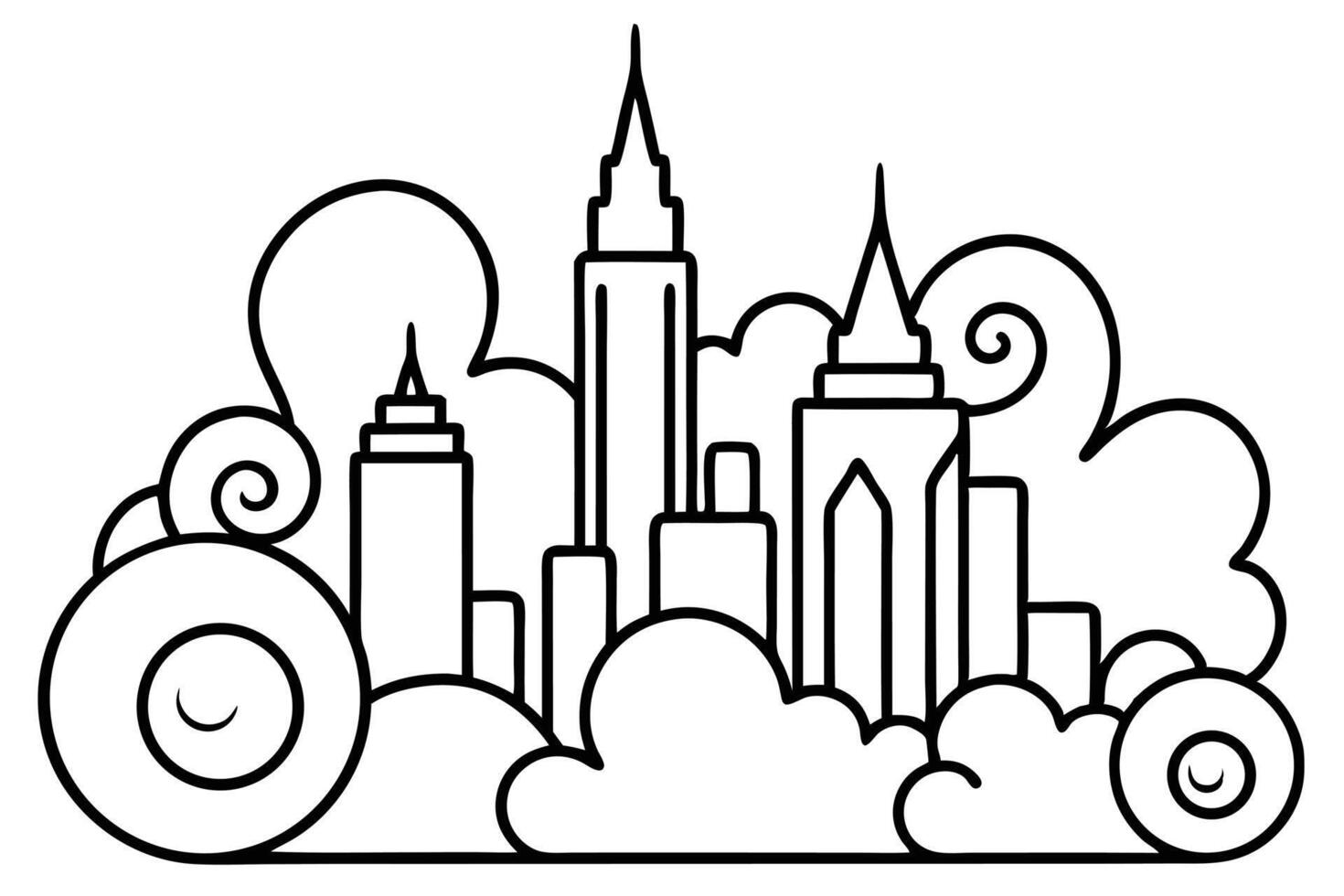 Line art shows city skyline featuring skyscrapers and stylized clouds creating a bold silhouette vector