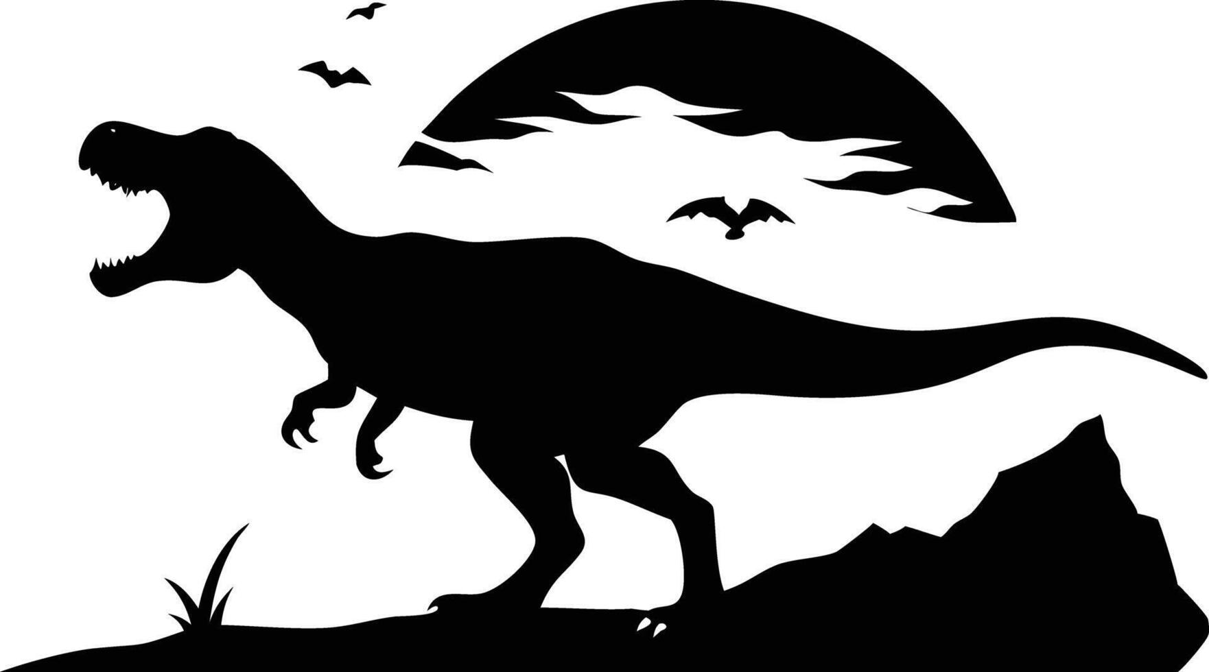 Angry tyrannosaurus silhouette stands on rocky ground while birds fly near the moon vector