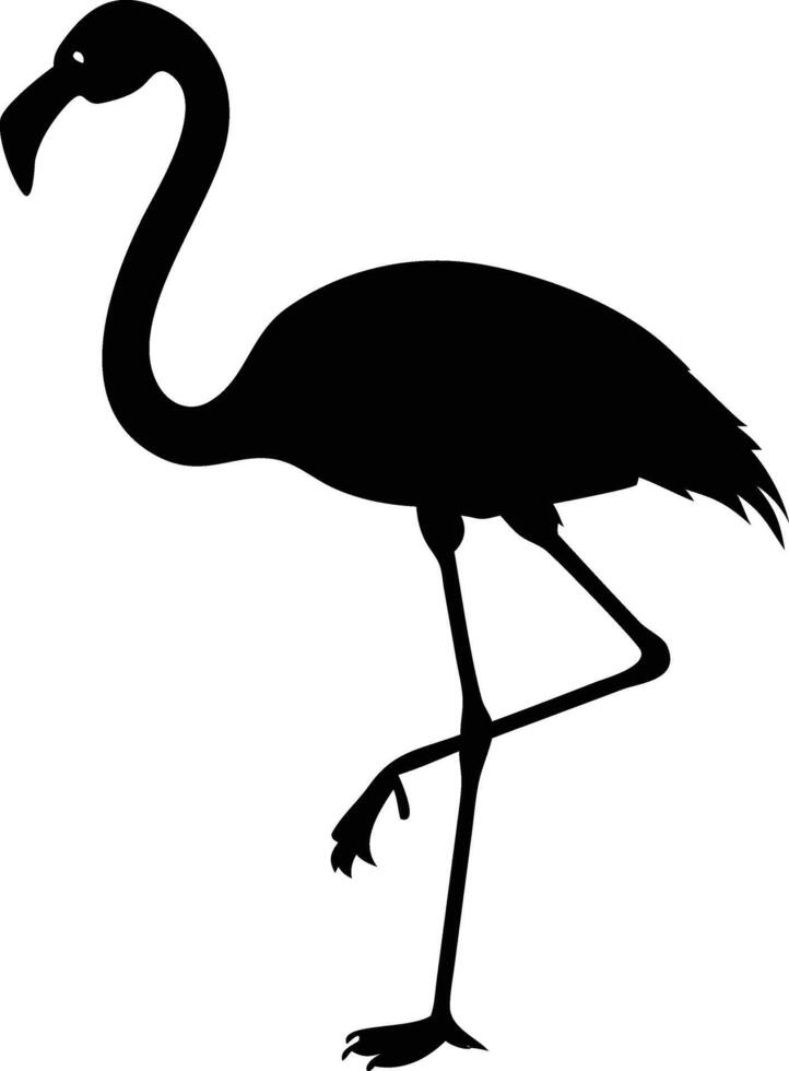 Black silhouette of flamingo standing gracefully on one leg against a solid white background vector