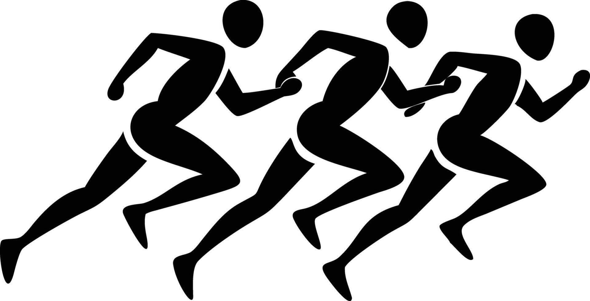 Three faceless black silhouettes of runners are engaged in a vigorous race forward intensely vector
