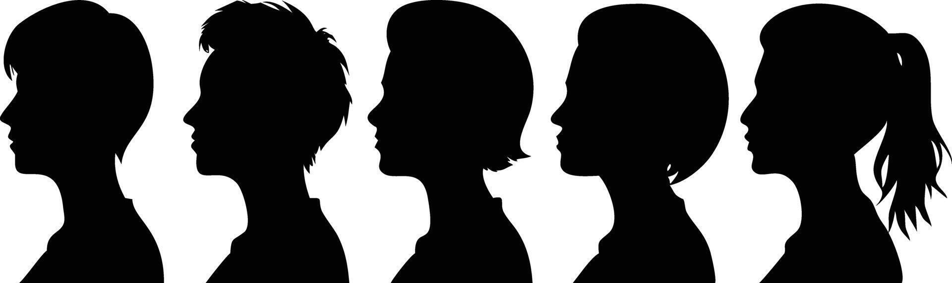 Diverse group of women show different hairstyles in silhouette on a clean white backdrop vector