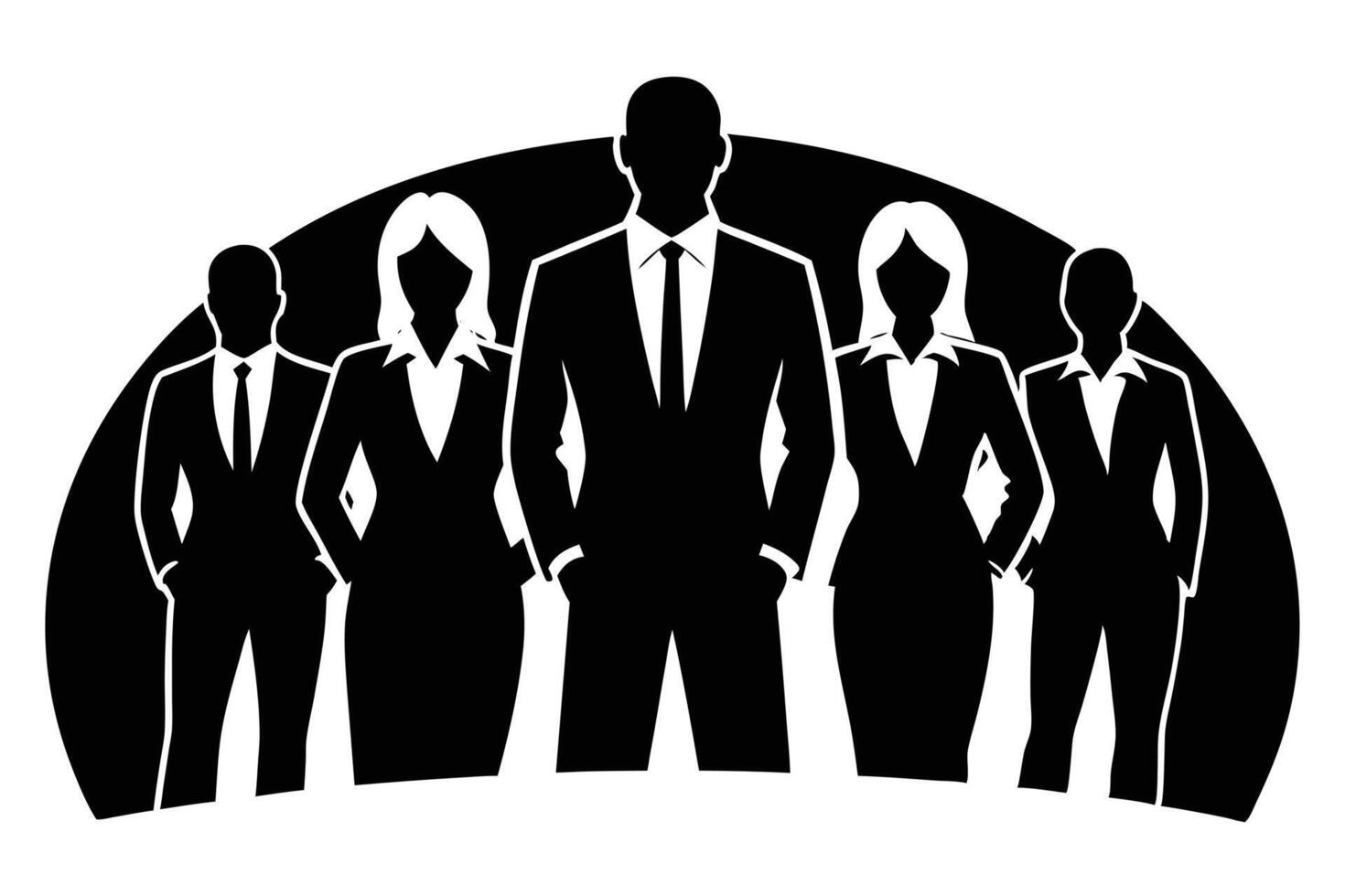 Monochrome silhouette shows confident business leader and team standing together, ready for success vector