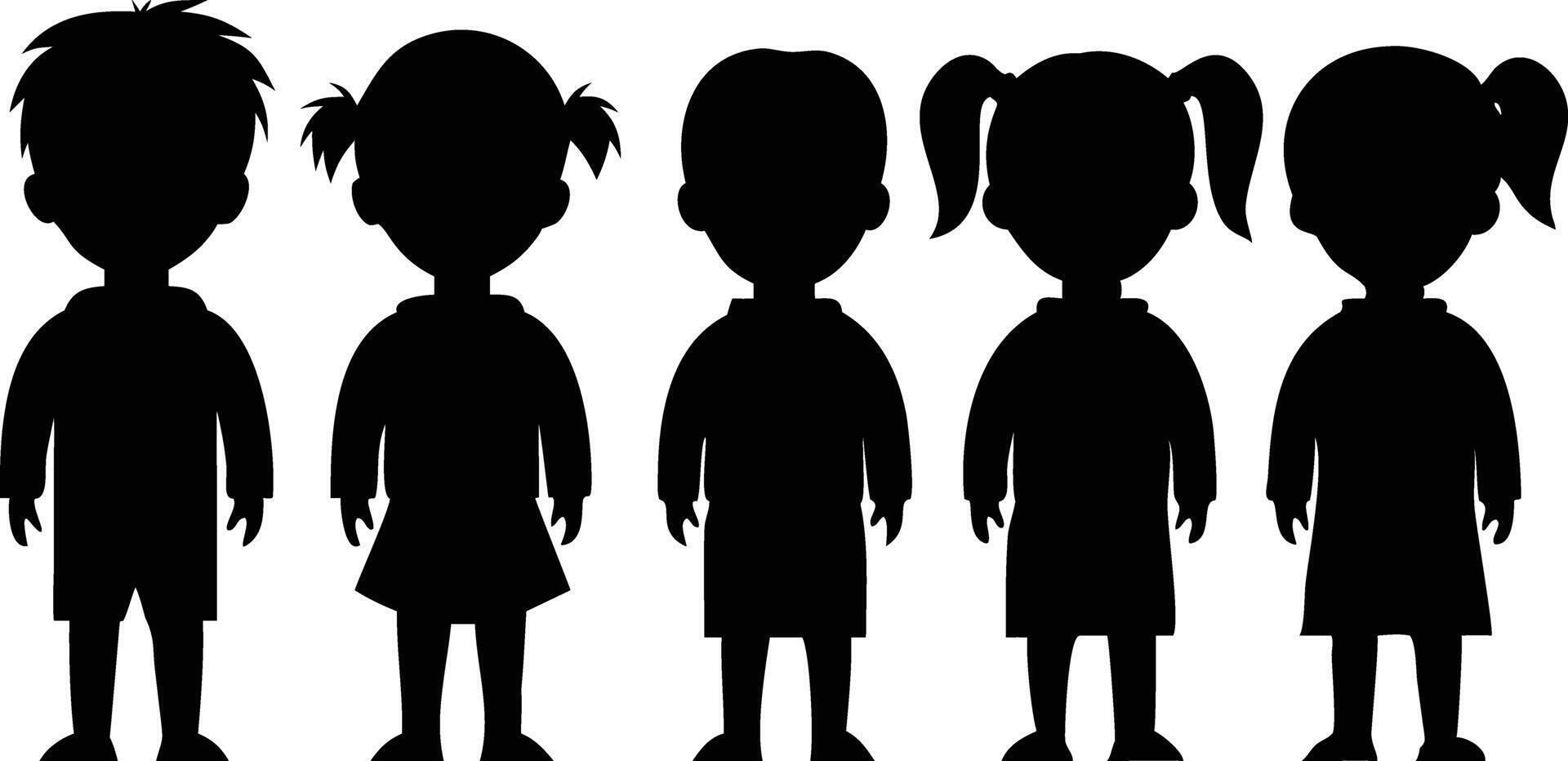 Five children's silhouettes, two boys and three girls, stand in a row against a white background vector