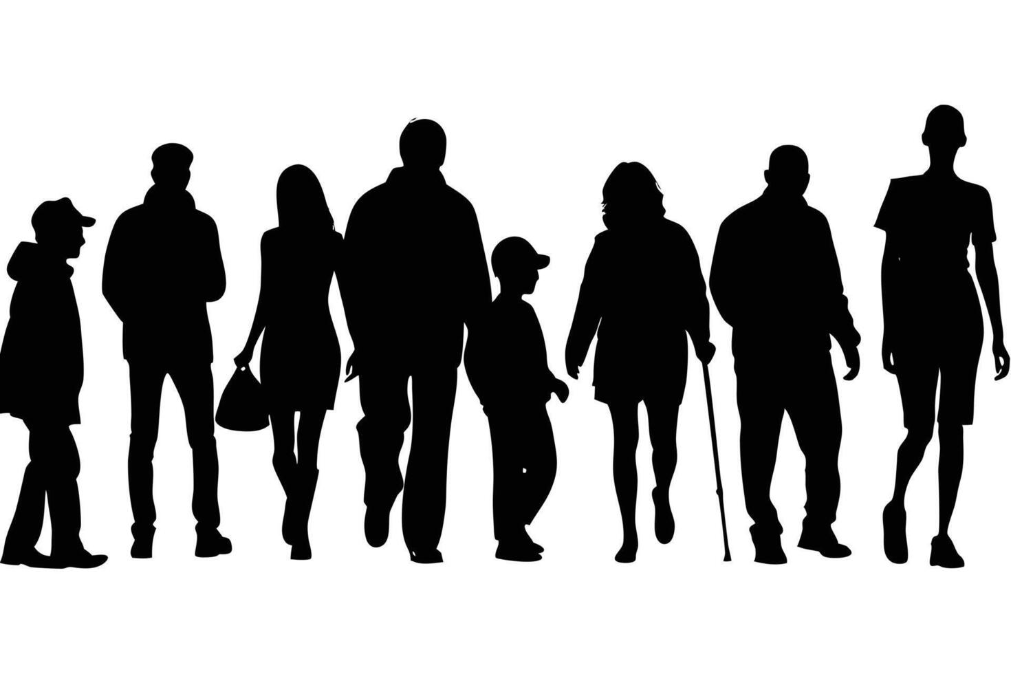 Silhouetted people of varying ages stroll peacefully side by side against a white backdrop vector