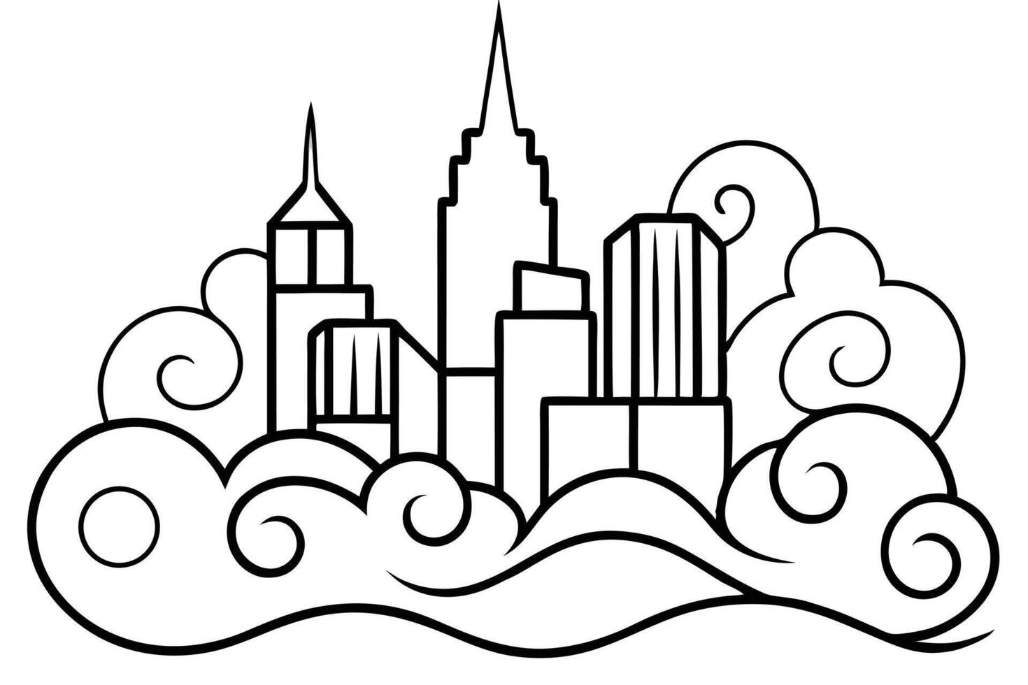 Black outlined buildings ascend above swirling clouds in skyline silhouette illustration vector
