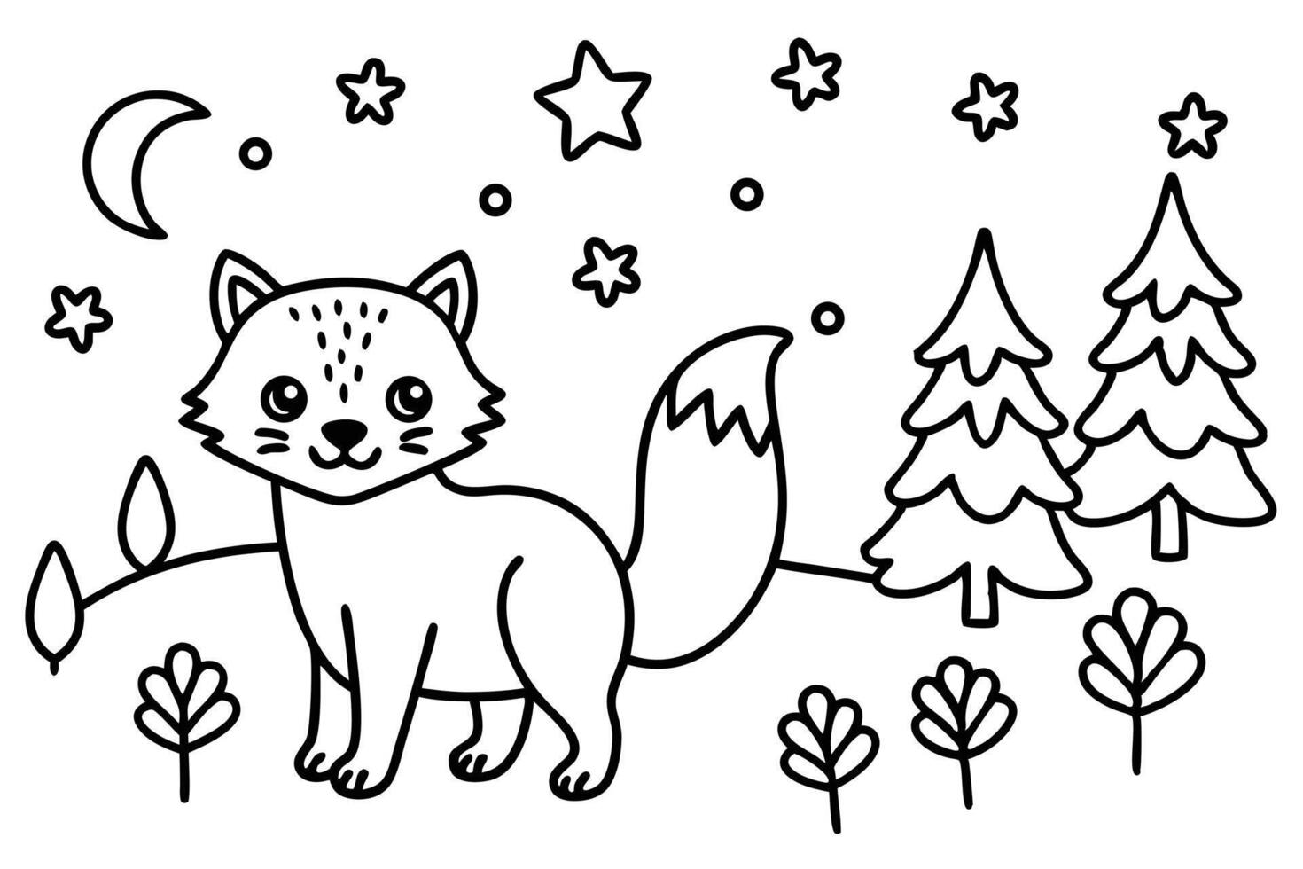 Cute monochrome fox stands near pine trees under the moon and stars vector
