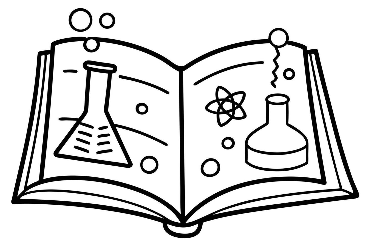 Science book illustration features beakers, atom symbols, and bubbles in bold black outline vector