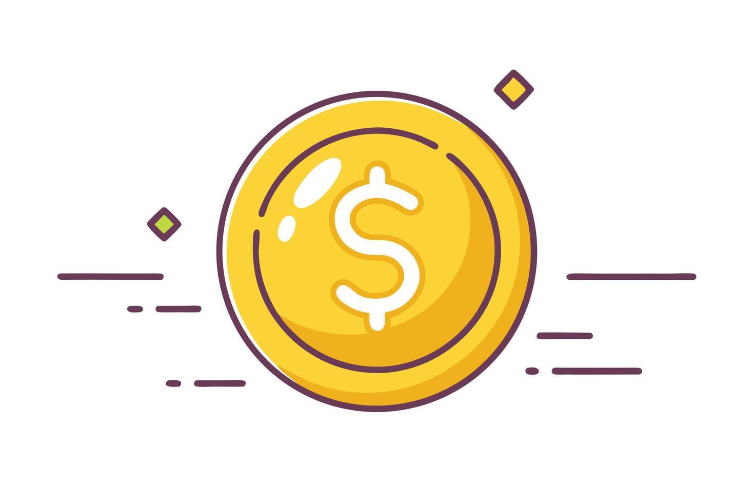 Yellow coin with a white dollar sign at center is surrounded by line elements vector