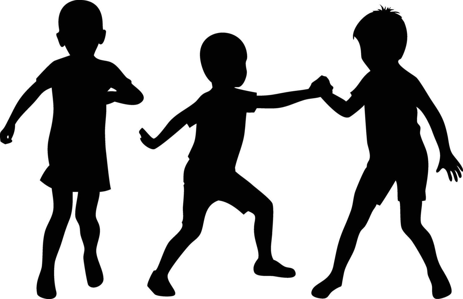 Black silhouettes of three young boys are playfully interacting and touching each other vector