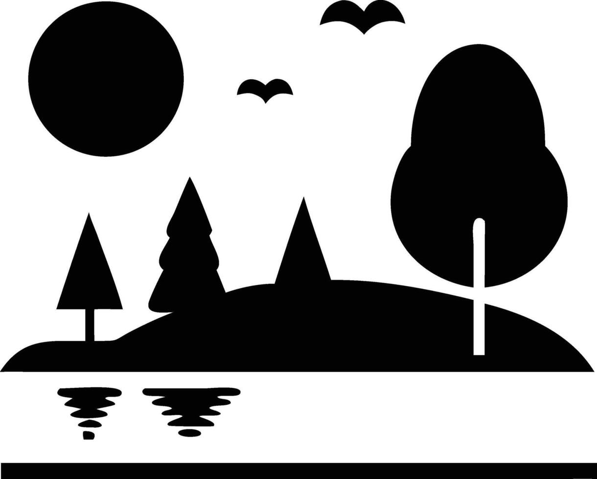 Black and white presents trees, birds, water, and a rising sun with simplistic form vector