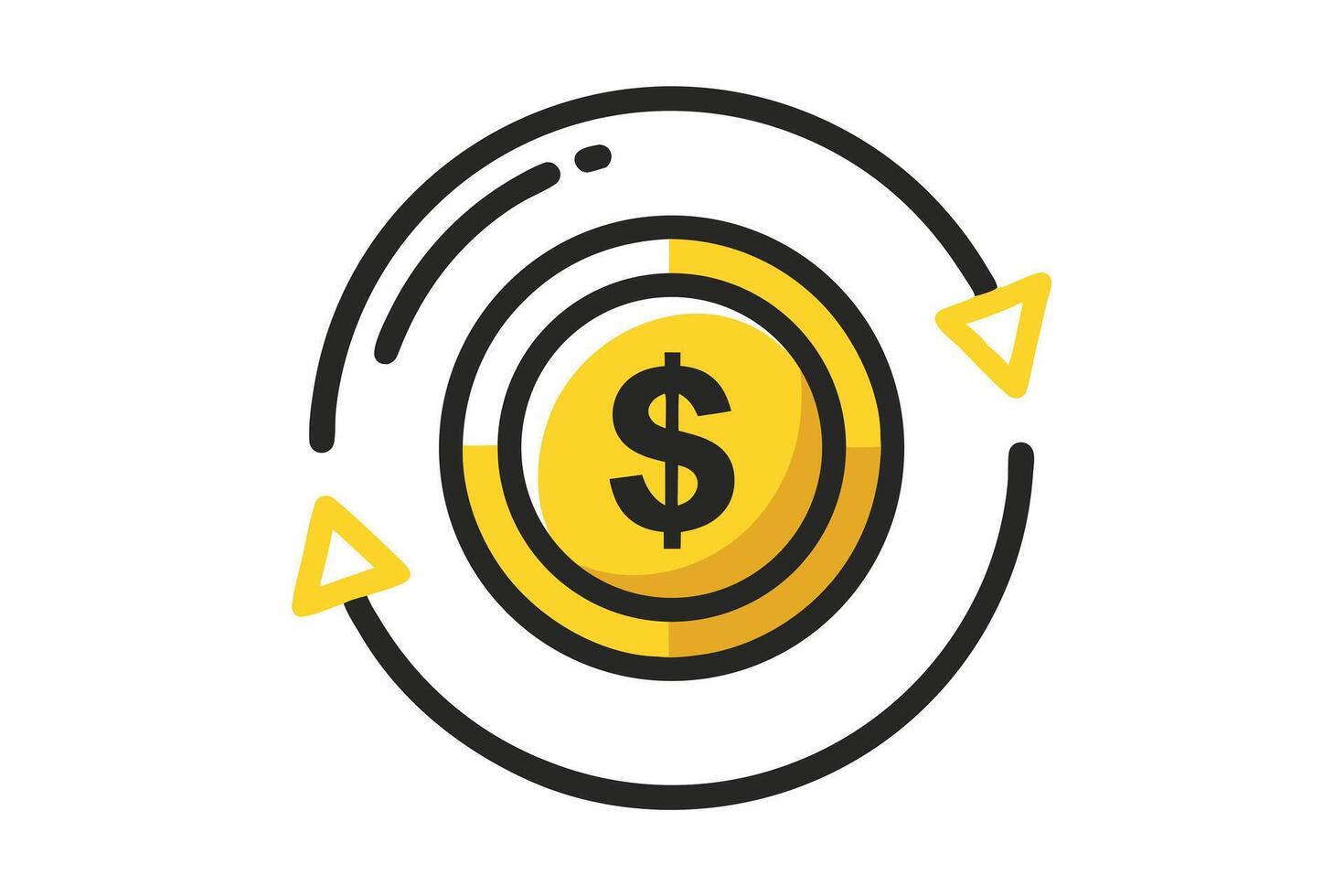 A yellow dollar coin is encircled by curved arrows against a white background vector