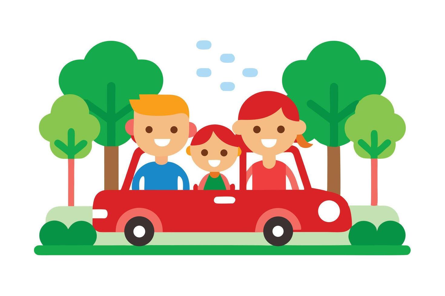 Smiling cartoon family drives a red car past trees on a sunny day vector