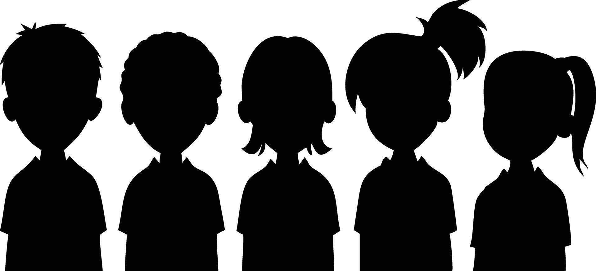 Five young children of different hairstyles stand together in dark silhouette style isolated vector