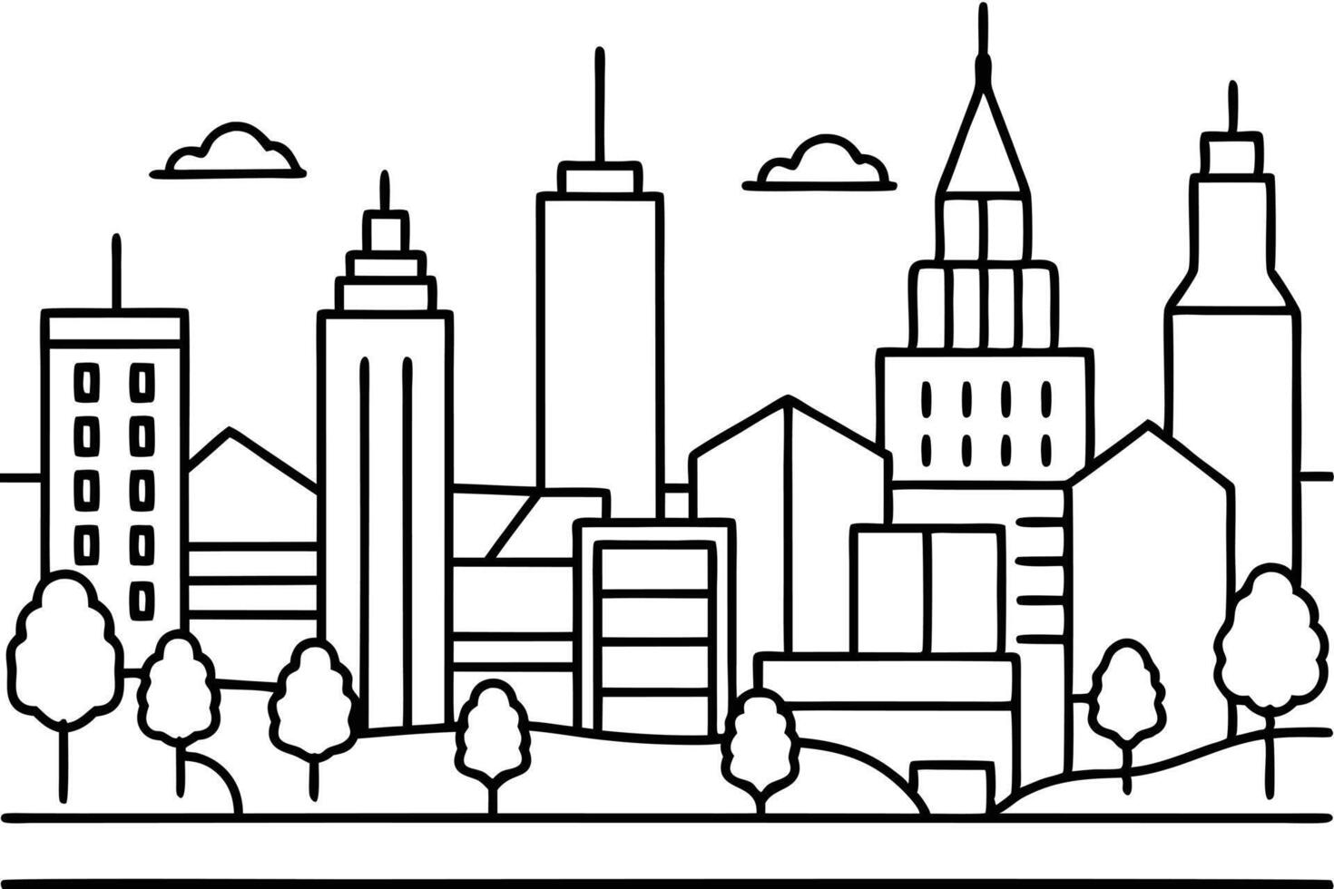 Outlined city silhouette showcases tall buildings, office blocks, and small trees in black ink vector