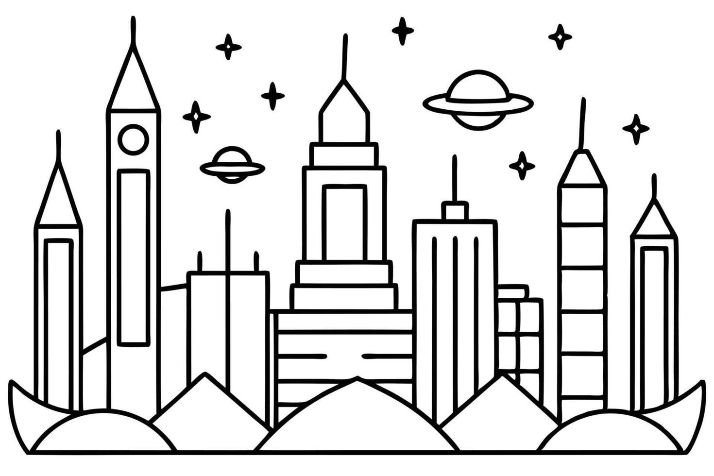 Futuristic city line art showcases tall buildings under stars with UFOs flying around vector