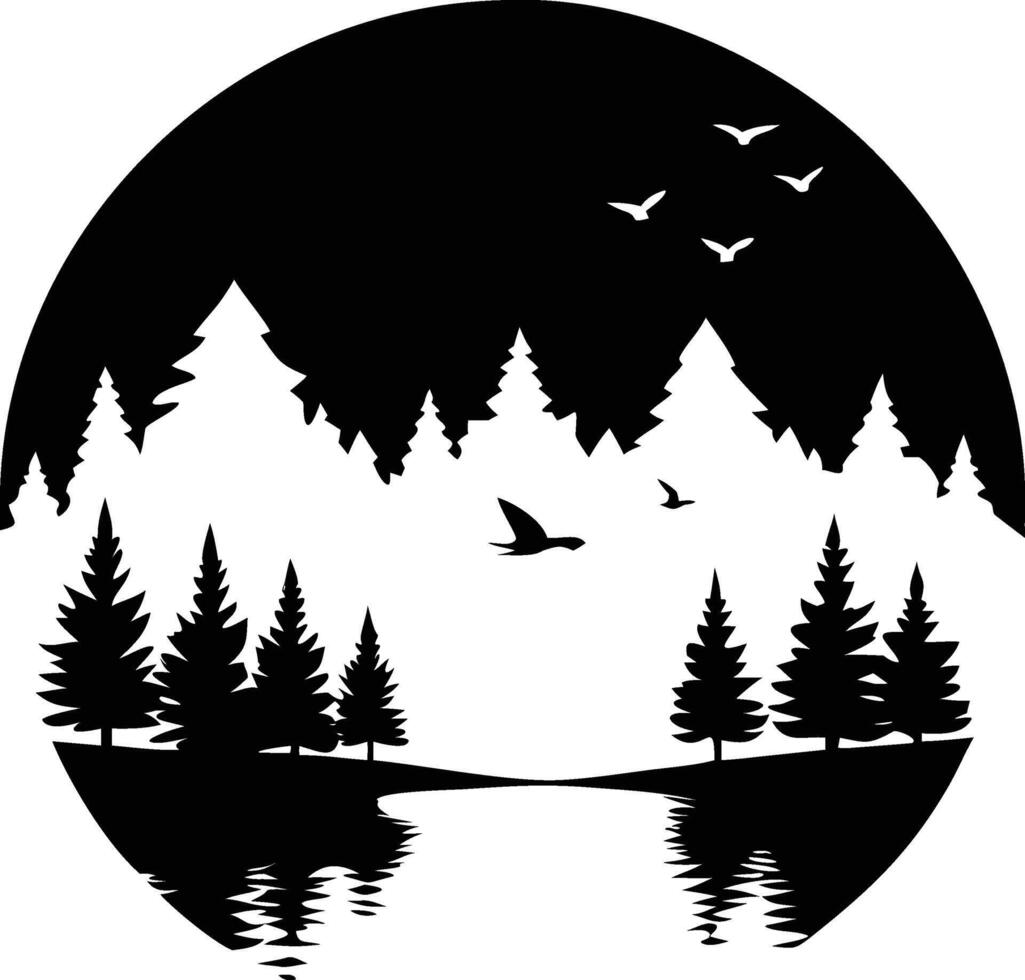 Birds fly over the silhouette of forest trees reflected on the lake surface vector