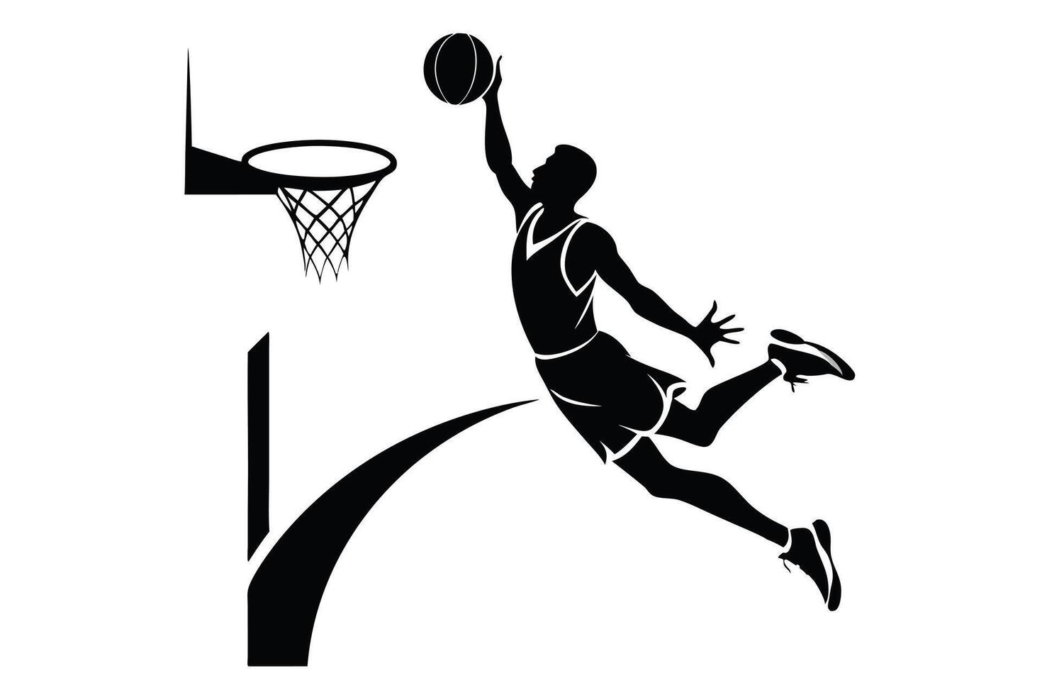 Silhouette of a man soaring towards basketball hoop ready to dunk the ball vector
