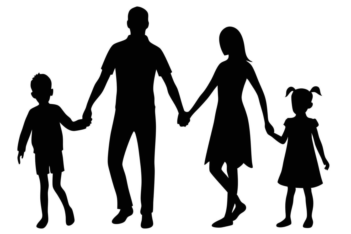 Silhouette of a family holding hands together, comprising a father, mother, son, and daughter vector