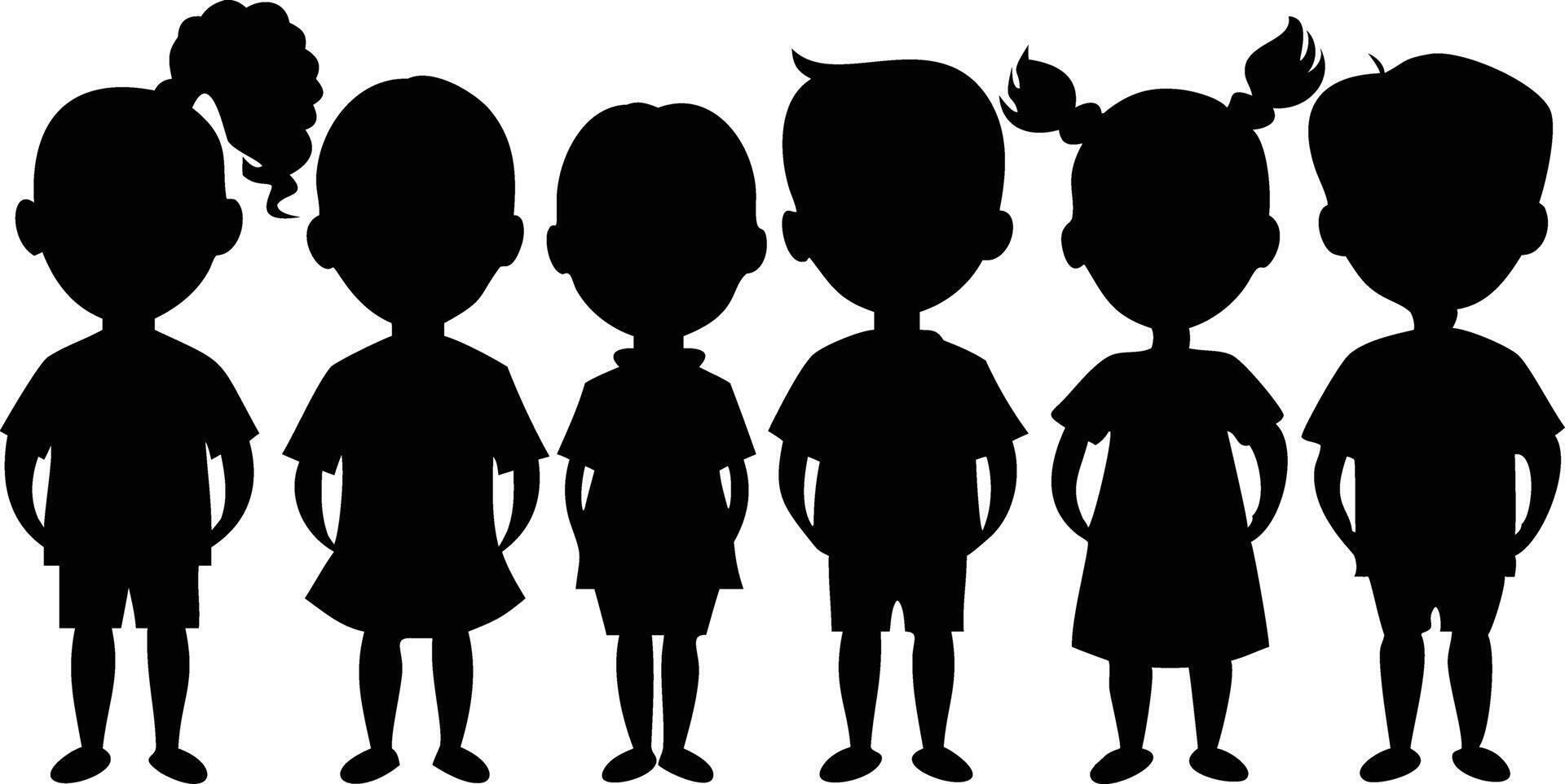A diverse group of children stand together as a silhouetted art vector