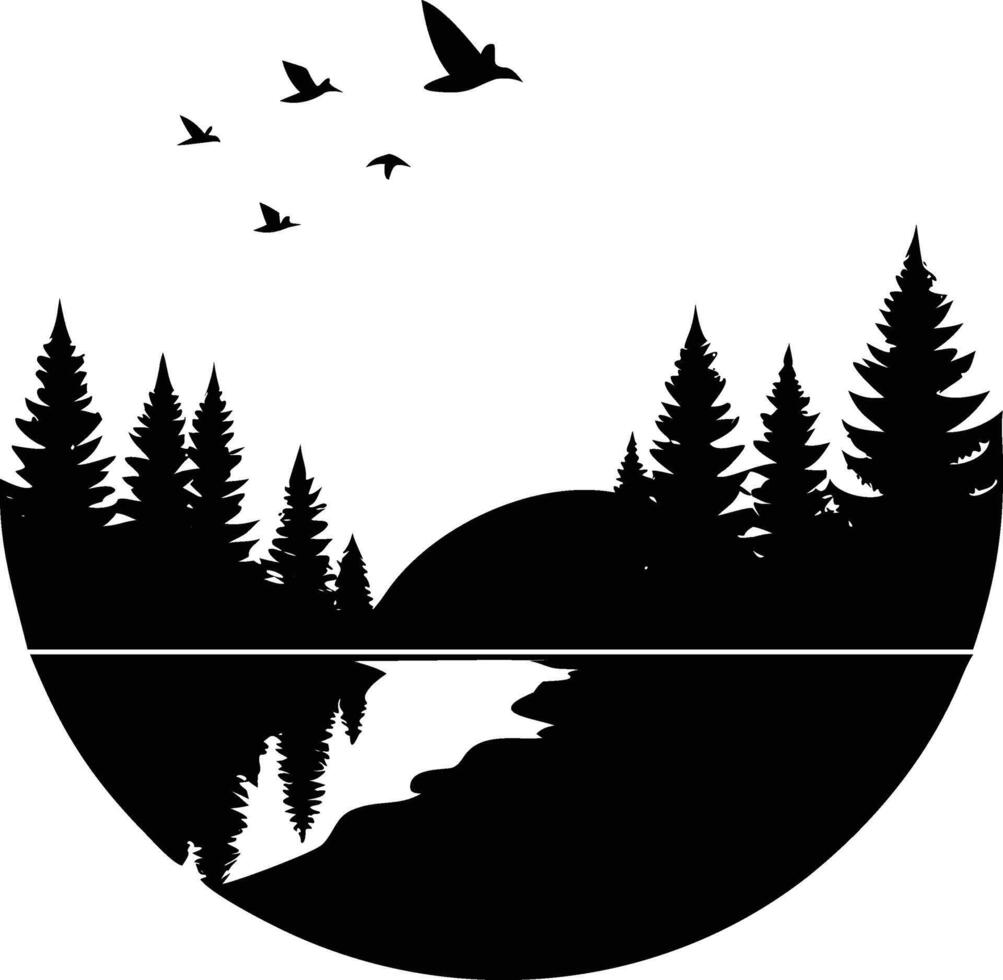 Birds fly over trees and water reflected below in a circular monochrome landscape vector