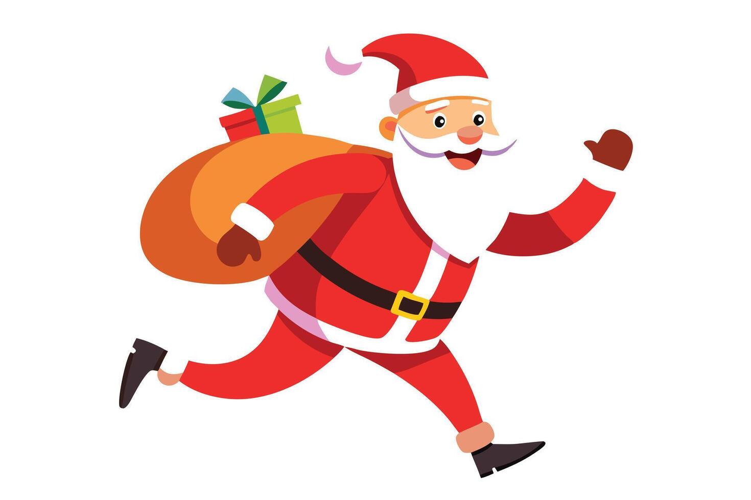 Smiling Santa Claus runs while carrying gifts in his sack over his shoulder vector