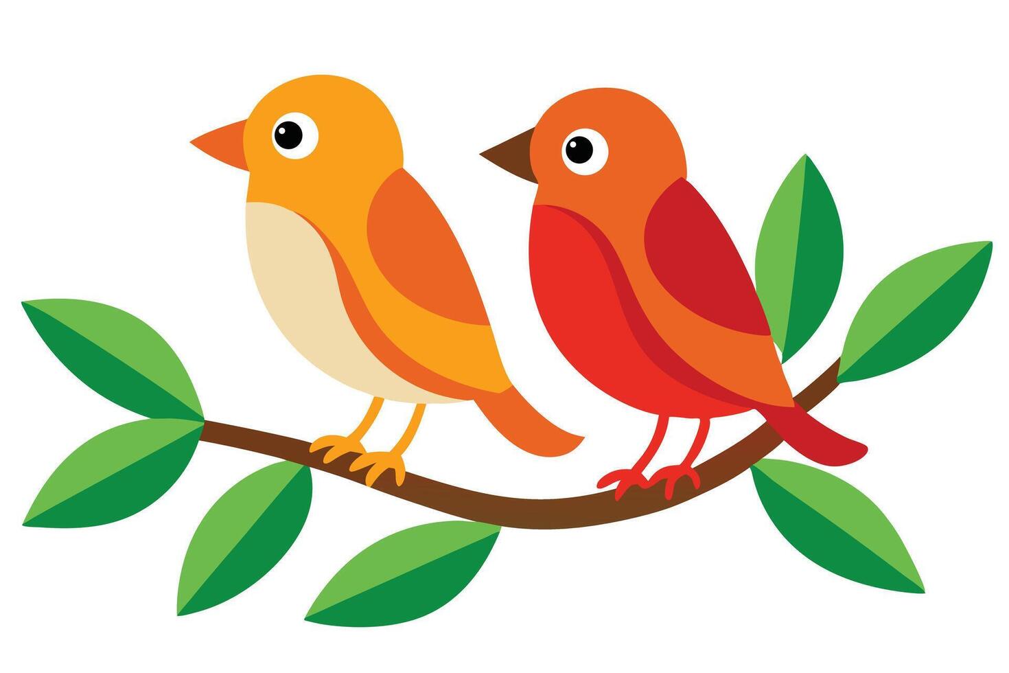 Two stylized birds, one yellow and one red, perch on a leafy branch vector