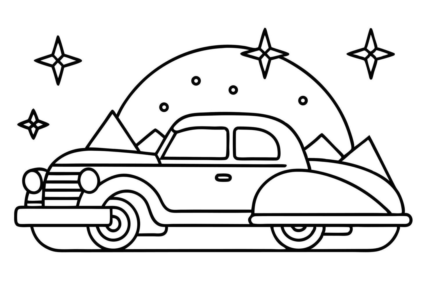 Outlined classic car is featured with stars, circle shapes, and mountain background vector