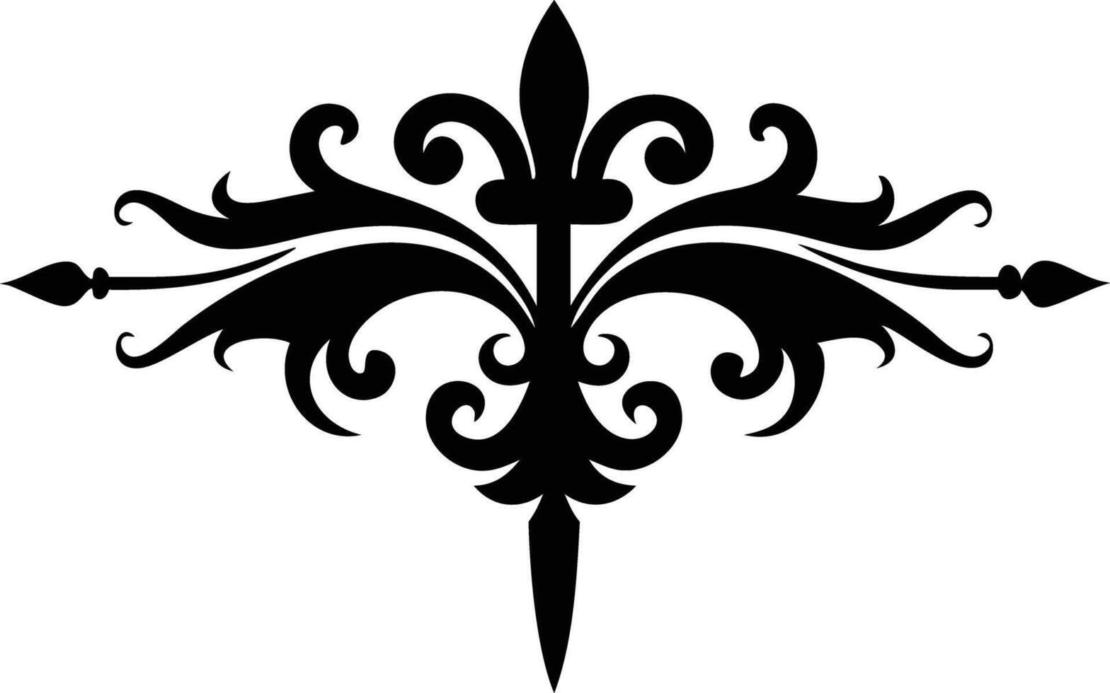 Detailed black floral emblem radiates beautifully with intricate curls and sharp edges on white vector