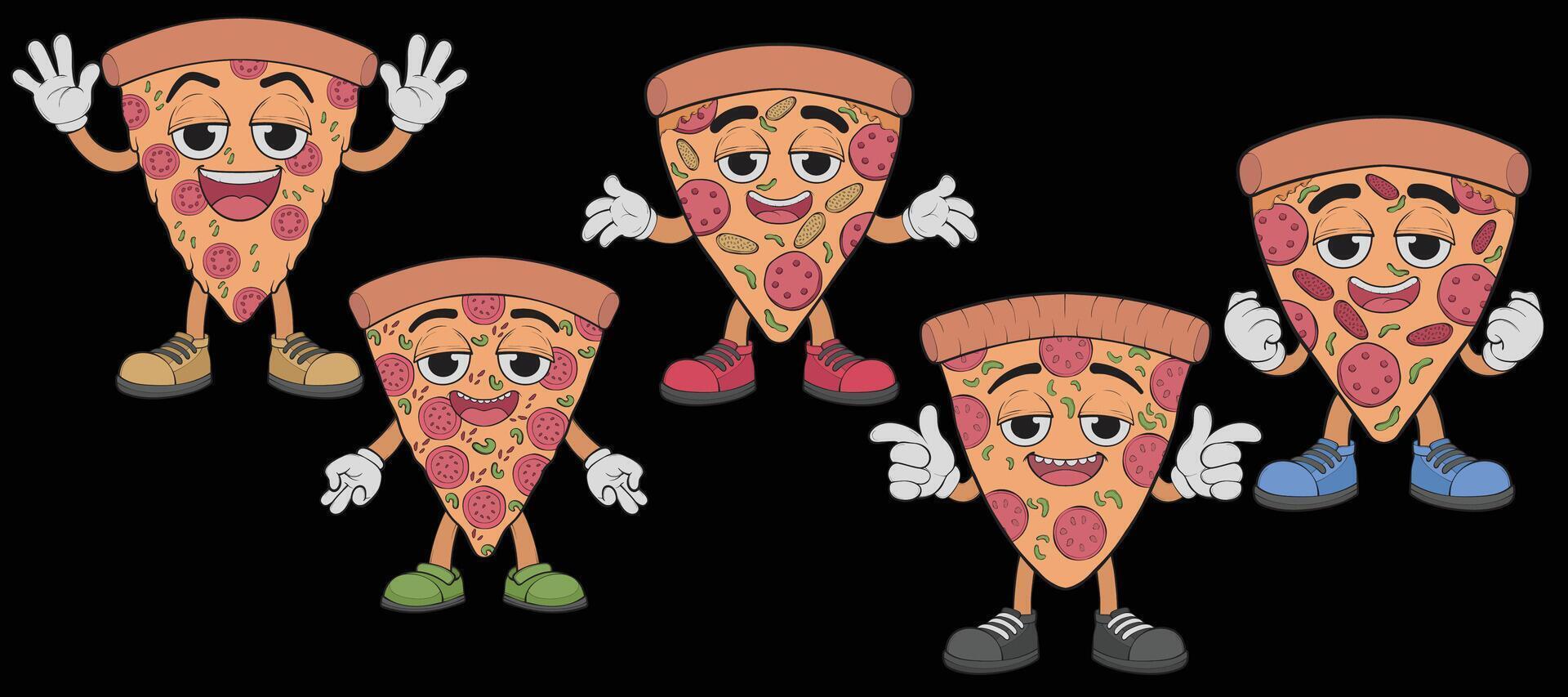 Bundling set Cartoon pizza character. Happy pizzeria mascot character. coloring page vector