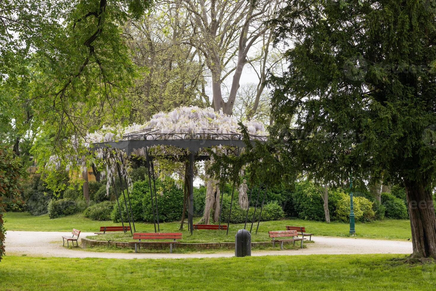 Peaceful park in Venice with flowering pergola photo