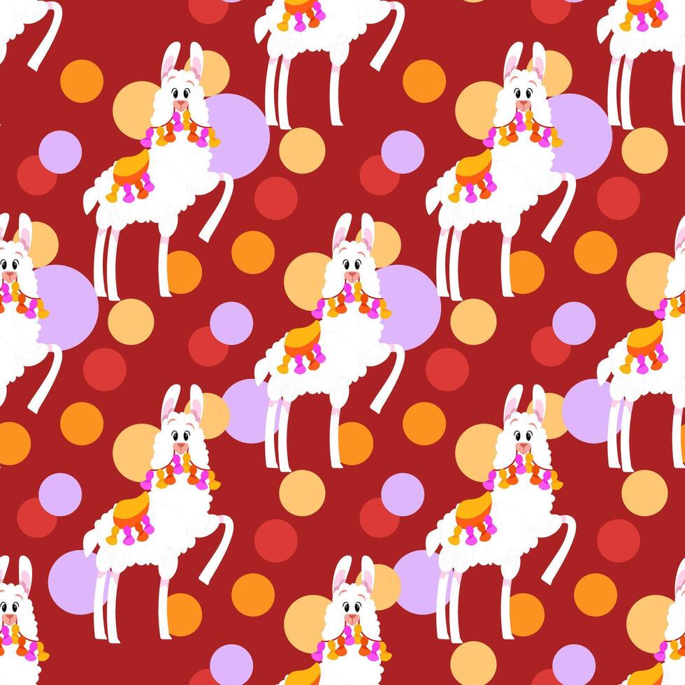 Seamless pattern of white fluffy llamas with colorful circles on the background vector