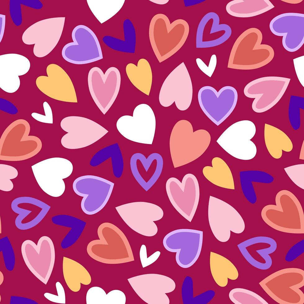 Modern multicolored hearts in seamless pattern on red background vector