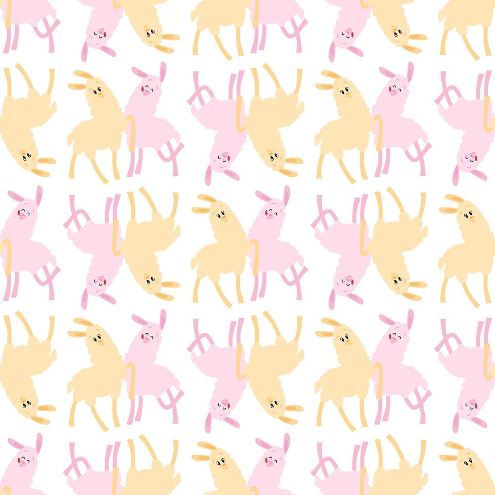 Couple of cute pastel colored llamas in seamless pattern on white background vector