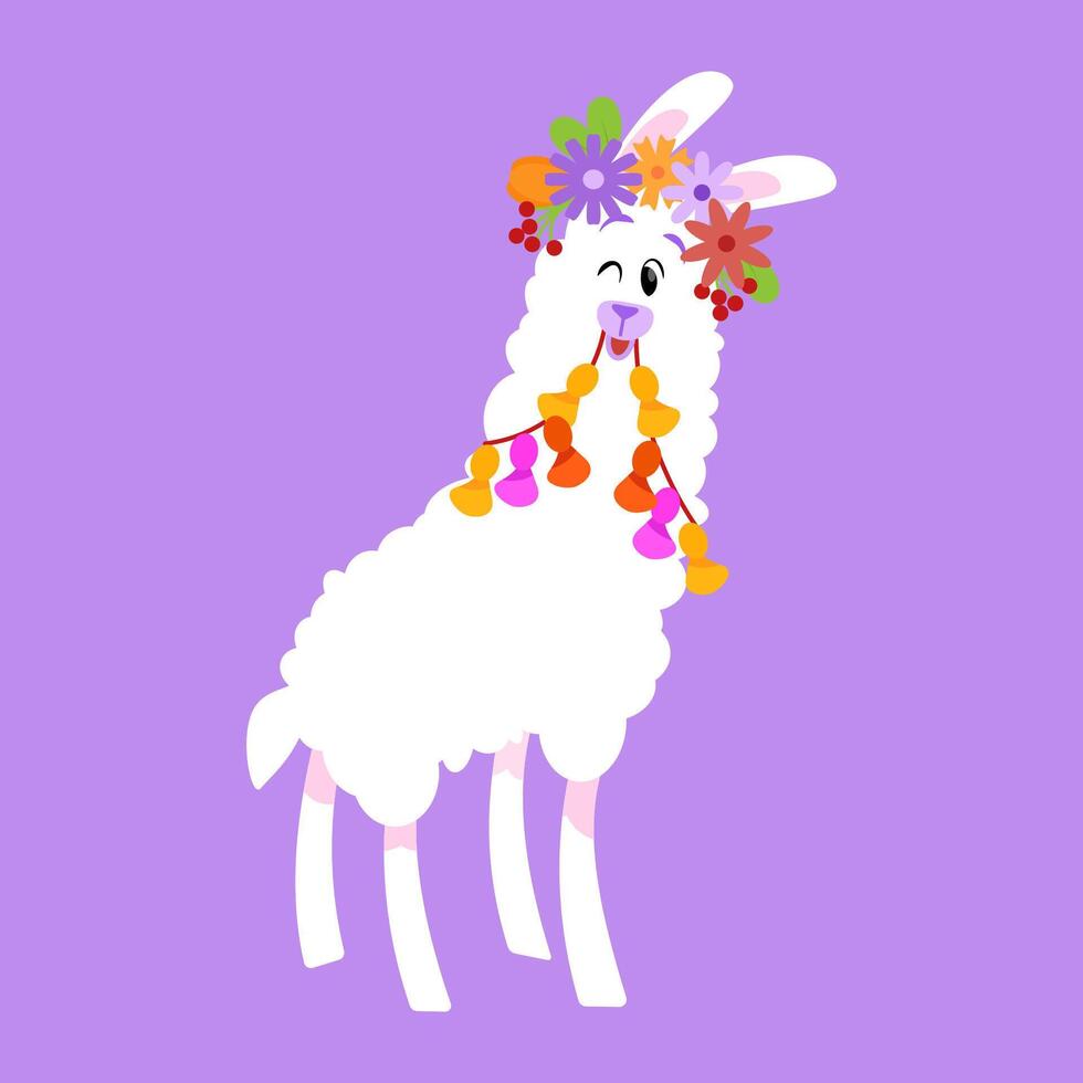 Llama with flower crown on violet background vector