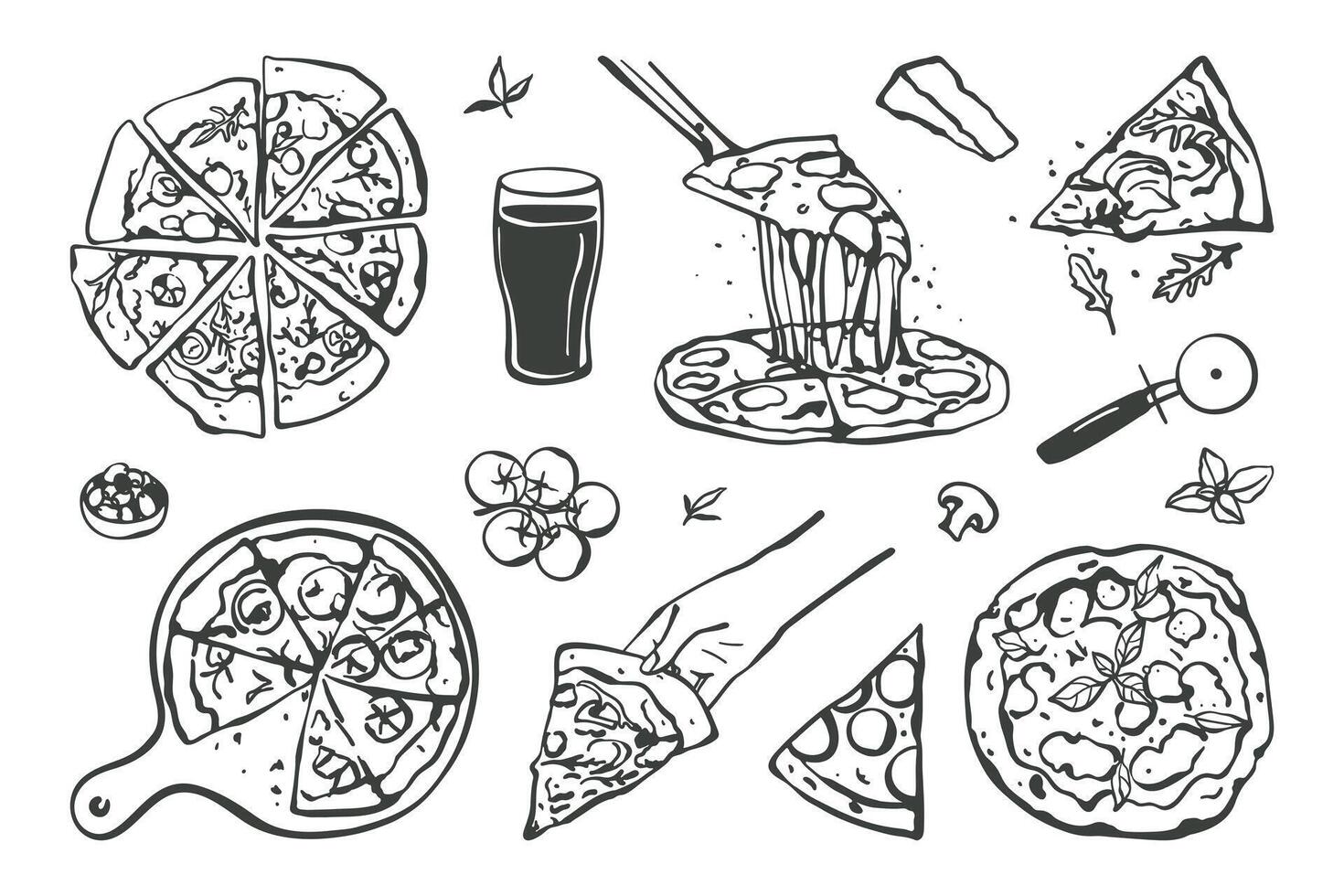 Hand drawn set of pizza. Simple sketch style pizza slices, whole pizza, hand holding pizza slice and ingredients vector