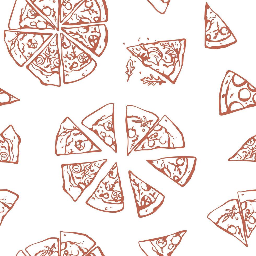 Hand drawn pizza seamless pattern. Simple sketch style design with pizza slices vector
