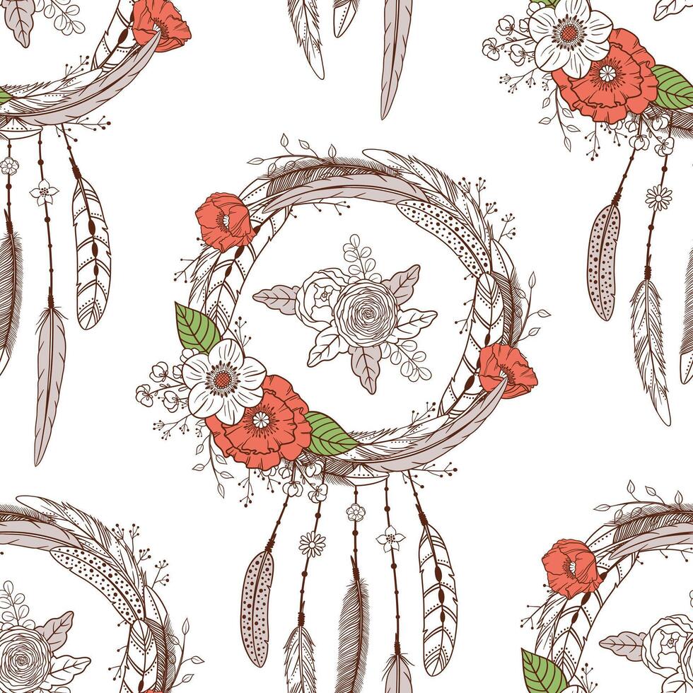 Seamless pattern with hand drawn dream catchers and flowers. Boho style. Pattern for textile, packaging, greeting cards, invitations, wedding decoration. Bohemian collection illustration vector