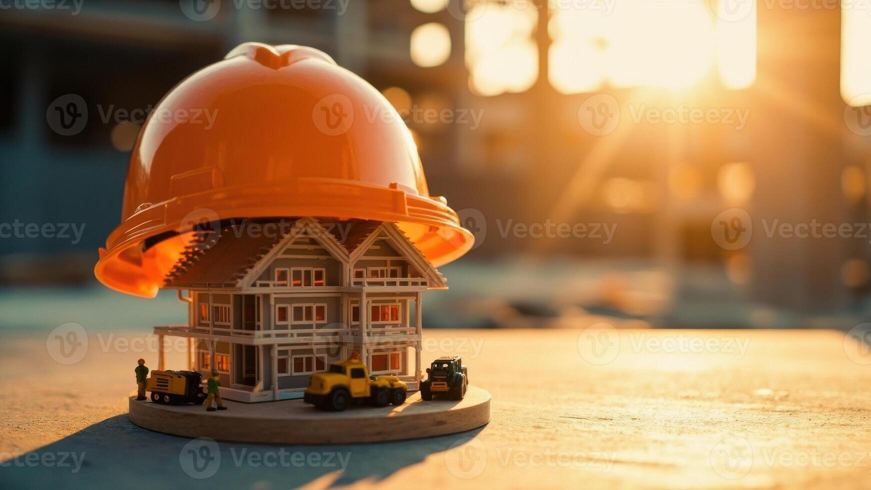 A miniature classical-style building with columns and a triangular pediment sits under an oversized orange construction helmet. photo
