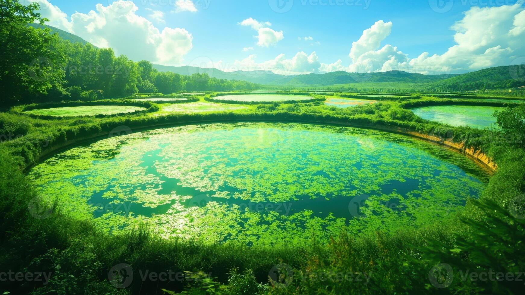 A series of circular ponds surrounded by lush greenery creates a striking aerial view. photo
