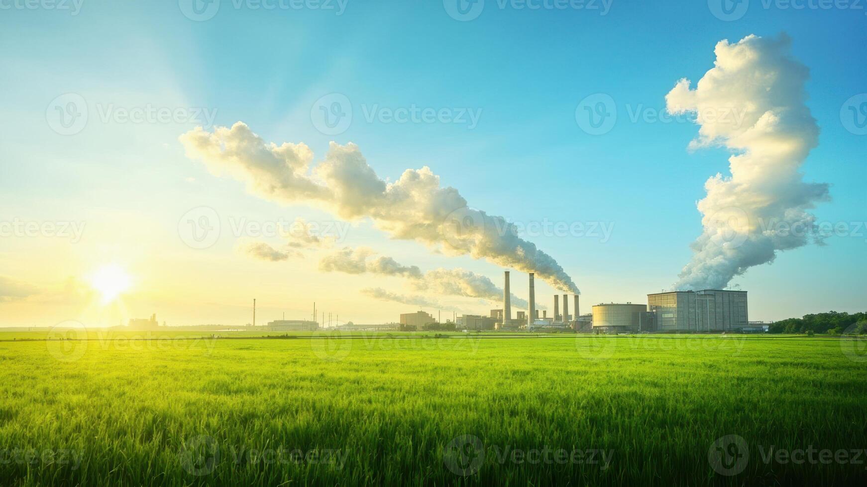 A large industrial facility with multiple smokestacks emits white smoke into the sky photo